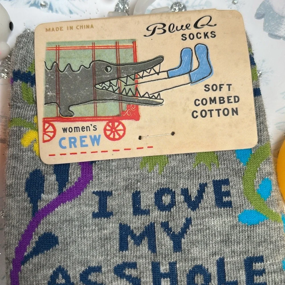 Blue Q women’s crew socks “I love my A$$hole kids” NWT + 30 squishies